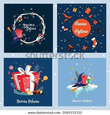 Set of illustrations for the feast of Epiphany. With the words "Good Epiphany". Italian Christmas tradition. vector illustration
