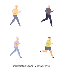 Set of illustrations featuring active senior men running in various athletic outfits