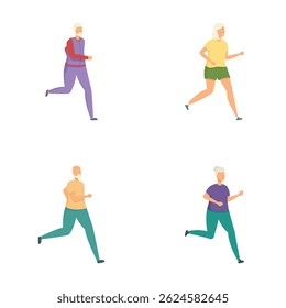 Set of illustrations featuring active senior adults in running attire