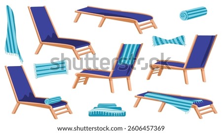 A set of illustrations featuring blue wooden beach loungers with towels in various positions. 