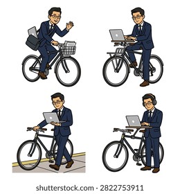 A Set of Illustrations Featuring a Businessman Commuting on a Bicycle
