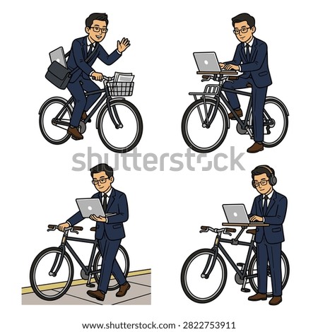 A Set of Illustrations Featuring a Businessman Commuting on a Bicycle