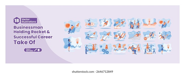 Set of illustrations featuring a businessman with a rocket. Symbolizing success, innovation, ambition and business growth. Mega set.