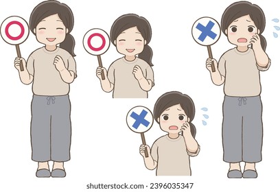Set of Illustrations Featuring a Chubby Girl Holding Check and Cross Signs
