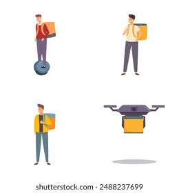 Set of illustrations featuring a delivery man with various modern transport modes, including a drone