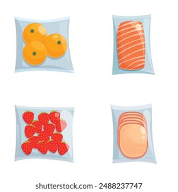 Set of illustrations featuring different foods vacuumsealed in plastic packaging