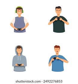 Set of illustrations featuring different people holding game controllers, isolated on a white background