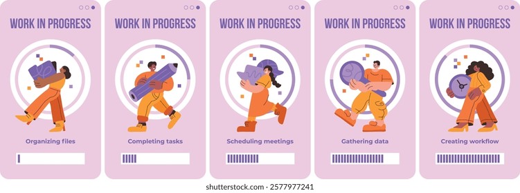 Set of illustrations featuring diverse characters carrying tools like file, pencil, and clock. Each represents tasks like organizing, scheduling, and gathering data. Teamwork and workflow concept.
