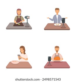 Set of illustrations featuring diverse food bloggers recording tutorials and reviews for online audiences