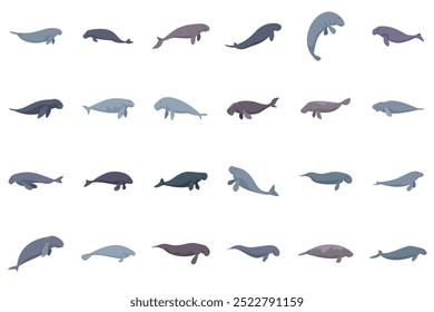 Set of illustrations featuring dugongs in various swimming poses