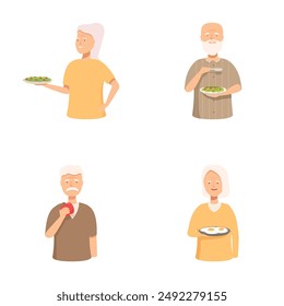 Set of illustrations featuring elderly men and women holding and eating nutritious foods