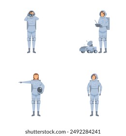 Set of illustrations featuring a female astronaut performing different actions in her space suit
