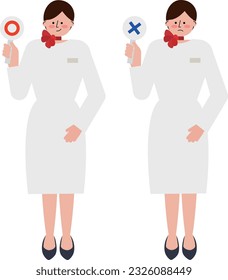 Set of illustrations featuring a female beauty advisor holding up "circle" and "cross" signs.