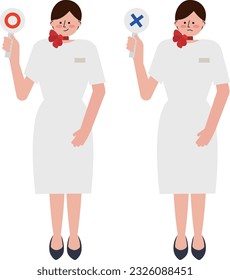 Set of illustrations featuring a female beauty advisor holding up "circle" and "cross" signs.