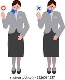Conjunto de ilustraciones con una azafata femenina sosteniendo carteles de "círculo" y "cruz"