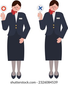 Conjunto de ilustraciones con una azafata femenina sosteniendo carteles de "círculo" y "cruz"
