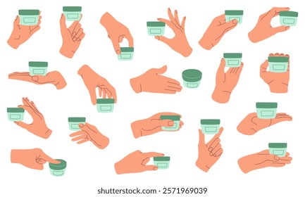 Set of illustrations featuring hands holding, opening, and using a cream jar. Flat style design with soft colors. Perfect for skincare, beauty, or cosmetic product presentations.