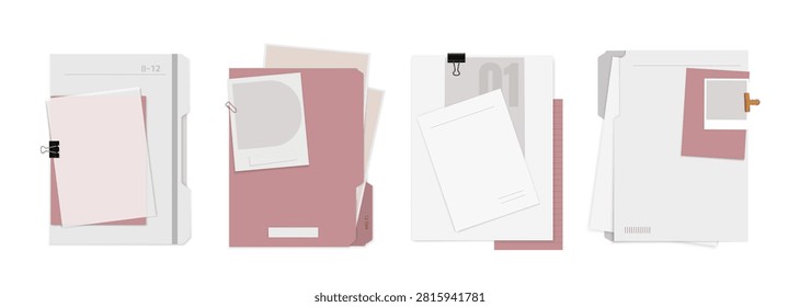 A set of illustrations featuring office document folders in pastel pink and gray tones. Vector templates isolated on a white background.