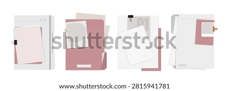 A set of illustrations featuring office document folders in pastel pink and gray tones. Vector templates isolated on a white background.