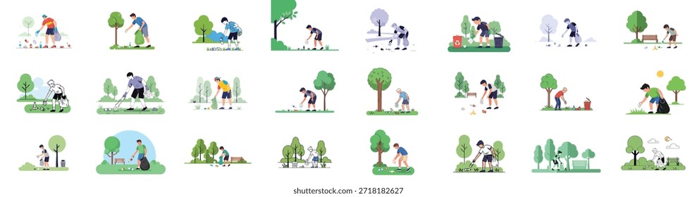 Conjunto de ilustrações que mostra pessoas coletando lixo e lixo em parques públicos, promovendo responsabilidade ambiental, conservação e limpeza voluntária.