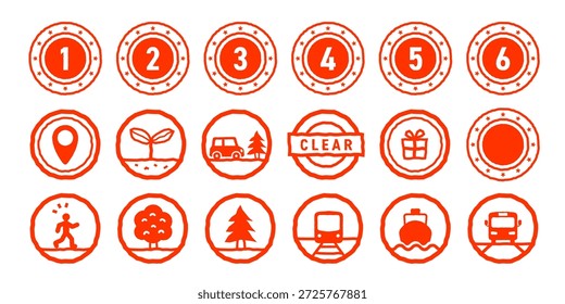 Eine Reihe von Illustrationen mit rauen Linien, die an Briefmarken und den Buchdruck erinnern. Symbole, die Reisen und Wandern beschwören, wie Zahlen, Busse, Autos, Züge, Schiffe und Bäume.