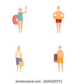 Set of illustrations featuring senior characters ready for a beach day