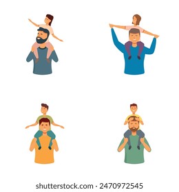 Set of illustrations featuring smiling fathers of various ethnicities giving happy children piggyback rides