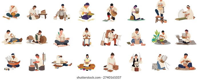 Set of illustrations featuring traditional artisans crafting handmade goods, including baskets and hats, through ancient weaving techniques.