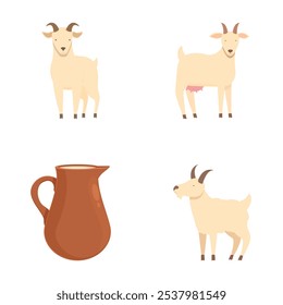 Conjunto de ilustrações com duas cabras e uma jarra de cerâmica rústica sobre um fundo branco