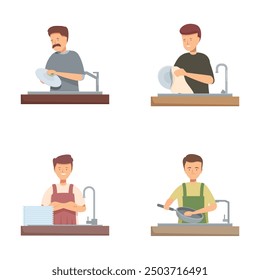 Set of illustrations featuring various people engaged in washing dishes at a sink