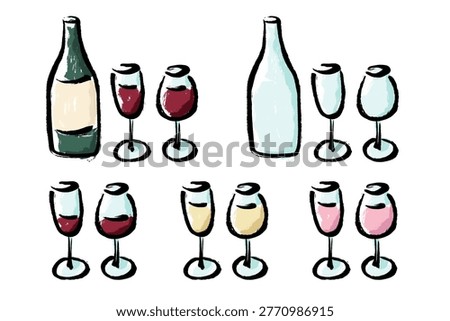 A set of illustrations featuring wine bottles and glasses containing red, white, and rosé wine.