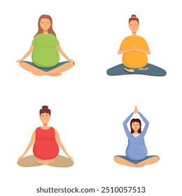 Conjunto de ilustrações com mulheres em várias poses de meditação ioga promovendo a saúde e tranquilidade