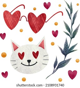 Set of illustrations for February 14 glasses hearts, cat with hearts eyes, twig, heart, sequins