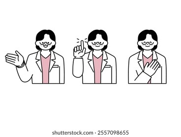 Set of illustrations of female doctor's pose and facial expression