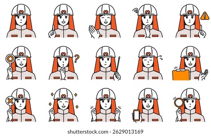A set of illustrations of female firefighters expressing their emotions through their facial expressions and poses.