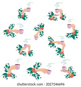 Set of illustrations of a female hand with a cup of coffee or tea with green leaves. Tea-coffee-break in the cafe. Friendly support in difficult times, conversation of women's coffee houses