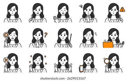 Um conjunto de ilustrações de uma advogada expressando suas emoções através de suas expressões faciais e poses.