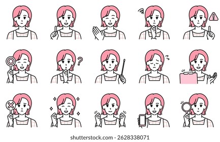 Um conjunto de ilustrações de uma professora de jardim de infância vestindo um avental expressando emoções através de suas expressões faciais e poses.