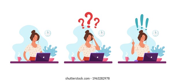 A set of illustrations, a female student studies at a desk with a laptop, a woman works in an office with a computer. Resolving an issue, an idea, anxiety, and career success. Flat vector illustration