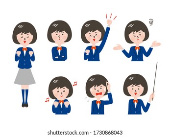 Set of illustrations of female students posing with various facial expressions