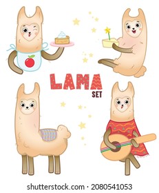 Set of illustrations with a festive llama. Llama with a cake, with a cake and an apron, with a banjo, a llama in a cape. Cartoon style illustrations