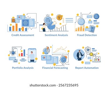 A set of illustrations of financial analysis concepts, demonstrating methods for credit scoring, sentiment analysis, fraud detection, portfolio analysis, financial forecasting, and report automation.