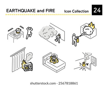 Set of illustrations of fires after an earthquake