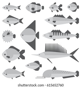 set of illustrations of fish of different species, icons or design elements