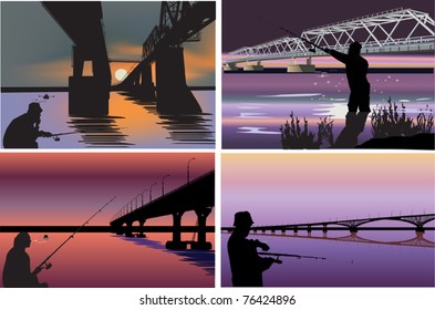 set of illustrations with fisherman near river