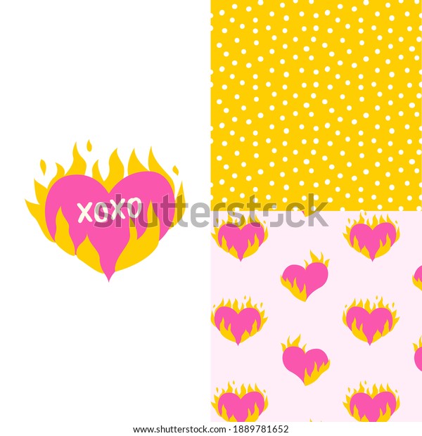炎の心を持つイラストのセット ドットとハートでシームレスなパターン Xoxo Hug Kissのテキスト ベクター画像の背景 バレンタインデー ロマンチックなコンセプト 織物には 印刷物 ポスター のベクター画像素材 ロイヤリティフリー