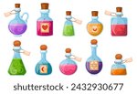 Set of illustrations of flasks with potions. Collection of game potions. Magic phials 2D game UI icons asset, magic bottles for witchcraft, elixir, love potion poison and antidote.