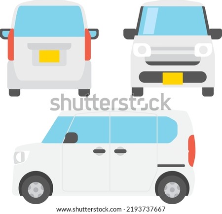 Set of illustrations of flat design of light car from front, rear and side view