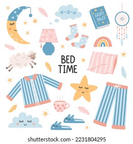 Conjunto de ilustraciones en un estilo plano sobre dormir. Objetos y símbolos del tiempo de espera. Ilustraciones vectoriales para decoración de vivero.