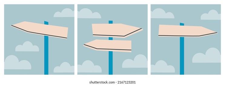 Set Of Illustrations With Flat Wayfinding Signage. Road Sign, Arrow Or Fork. Mocap For Your Text. Vector EPS 10.